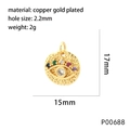 Detailed macro view of a 15mm gold-plated evil eye pendant with colorful zirconia - P00688-Round Eye