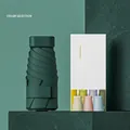 Mini forest green foldable sun umbrella with UV protection and compact pocket-sized case - Flat Six-fold Dark Green Color Box Packaging