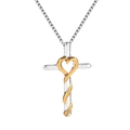 Elegant two-tone cross necklace featuring a silver base and golden heart-shaped ribbon - Gold Cross Heart (6689)