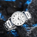 Macro view of Geneva quartz watch featuring a silver steel band on dark rock - White Dial with Roman Numerals