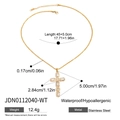 Detail view of gold stainless steel cross necklace with measurements and waterproof features - White Zirconia