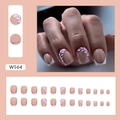 Short square press-on nails with white leaf design and pink glitter French tips 24pcs - Glitter Leaves (W564)