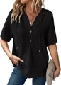 Felpa con cappuccio nera da donna in maglia a nido d'ape con maniche corte e scollo a V - S / Nero