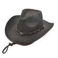 Chapeau de cowboy rétro en paille avec bande en cuir brun et mentonnière réglable - M (56-58cm) / Noir