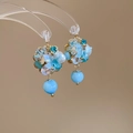 Detail of floral butterfly earrings featuring blue crystal stones and pearl beads on gold - Gold-Blue Flower Cluster (69# Silver Earring Post)