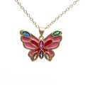 Colorful butterfly pendant necklace with pink enamel and multi-color gemstones on gold chain - Pink
