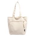 Chic beige canvas tote bag with front zipper pocket and stylish woven zipper pull - Tote Bag / White