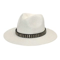 Close-up of white straw fedora with black leather band and silver square metallic studs - M (56-58cm) / Pure White