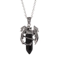 Silver dragon necklace featuring a hexagonal black crystal pendant on a white background - Obsidian