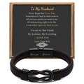 Detail of black braided leather bracelet for men with infinity symbol and gift card message - To My Husband + Engraving Love You Forever