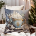 Christmas pillowcase featuring artistic coffee cup illustration and winter foliage design - TQDS68-20(Cream Coffee Cup & Pearls)