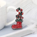 Christmas stocking brooch with red and green rhinestones on elegant white background - BR1336 Antique Silver Gift Sock