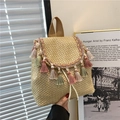 Bolso saco de paja bohemio con pompones de colores y correa ajustable para el hombro - Borla Caqui