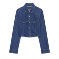 Giacca di jeans corta blu scuro con colletto a rever e tasche su sfondo bianco - XS / Tops