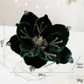 Dark green velvet 24cm artificial magnolia flower with silver glitter details - Dark Green