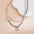 Collier double en acier inoxydable argenté avec perles et pendentifs cadenas coeur et clé - Collier Multicouche Argenté Serrure Clé Perle