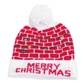 Close-up of LED Christmas beanie with ON/OFF switch and Merry Christmas text - Red White Plaid MERRY CHRISTMAS