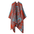 Thick reversible shawl with red and blue woodland deer jacquard pattern and stitched edges - One Size / Fashion - Orange