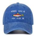 Close-up of fishing embroidery on washed denim baseball cap with funny slogan text - Dark Blue