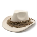 Close-up of cream felt jazz hat featuring bohemian woven band with brown fringe and gold chains - M (56-58cm) / Beige