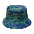 Detail of navy blue cotton bucket hat featuring green tropical palm tree print for summer - M (56-58cm) / Navy Blue