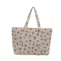 Off-white canvas tote bag featuring red cherry prints with convenient front pocket - White