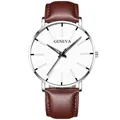 Minimalist quartz watch with a white dial, silver case, and premium brown leather strap - Leather Strap Brown Band Silver Case White Dial