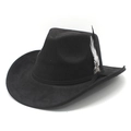 Classic black suede western cowboy hat with decorative feather and curved wide brim - M (56-59cm) / Black