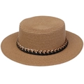Brown wide brim straw sun hat featuring a black and gold metallic chain band detail - Thick Chain Decor Band Style (300K)