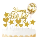 Golden Happy Birthday cake topper set with glitter stars, hearts and a sequin balloon - Gold Set 01