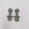 Olive green silicone baby fork and spoon set with panda handles and safety guards - Olive Green