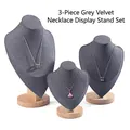 3-piece set of grey velvet necklace display busts with elegant solid wood bases - Dark Grey Velvet 3-Piece Set