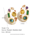 White Enamel Oval Colorful Zircon Stud Earrings - Gold