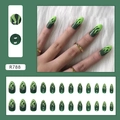 Detail of dark green almond press-on nails with light green flame pattern textures - Green Flame Style (R788)