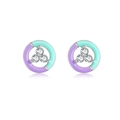 925 silver round stud earrings with mint green and purple enamel plus zircon stones - Silver Patchwork Enamel