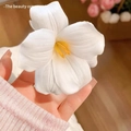 Elegant white tulip hair scrunchie with realistic texture and yellow center detail - White Open Tulip Hair Clip