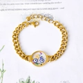 Gold chunky chain bracelet with colorful crystal evil eye charm and lobster clasp - Round Flower