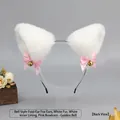 Handmade white plush cat ear headband with pink silk bows and golden bells for Lolita style - One Size / Q-Folded Ear Ding-Dong - White/White Lining