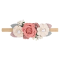Pink fabric rose nylon baby headband with pearl accents and super soft elastic band - Style 11(11)