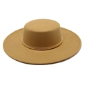 Classic camel flat top felt hat with wide 9.5cm brim and elegant gold metal band decor - M(56-58cm) / Camel