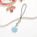 Detail view of blue and silver snowflake pendant with black lanyard and metal clasp - Snowflake No.2 / Silver