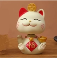 White resin lucky cat figurine with gold yuanbao and red fortune plaque decor - Blessing Nodding Cat (8000)