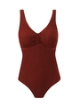 Détail du tissu gaufré seersucker sur ce maillot de bain une pièce rouge foncé élégant - S / Hauts / Bordeaux