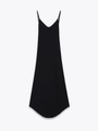 Detail of black long slip dress with thin straps, high slit and soft drape fabric - S / Black
