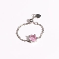 Detailed view of silver adjustable chain ring with pink gemstone and heart slider - White Gold (Pink Stone) (White Gold 2)