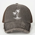 Close-up of distressed vintage trucker hat featuring coconut tree embroidery and ripped brim - Coffee