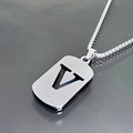 Close-up of a silver titanium steel necklace featuring a rectangular hollow letter V pendant - Letter V