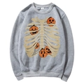 Grey fleece hoodie with Halloween pumpkin and skeleton bone print in flat lay view - S / Tops / Grey (Pumpkin Skeleton)