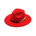 Red wool felt jazz fedora hat with black ribbon and golden leaf metal ornament - M (56-58cm) / Red