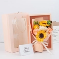 Soap flower bouquet gift box with roses, sunflowers, pink carry bag and greeting card - 7 Flowers Mixed Sunflower No Light with Fairy Card / Champagne